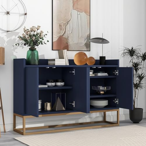 LLODERY Kommode 120 x 30 x 80 cm, Sideboard mit 4-Türiger Griffloser,Buffetschrank mit Metallbeinen und verstellbaren Einlegeböden, geeignet für Esszimmer, Wohnzimmer,Küche, weiß/schwarz/blau (blau)