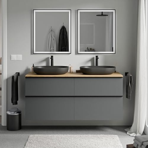 Bernstein Waschbecken-Unterschrank Lavoa 120cm in Anthrazit - Waschtischplatte: Eiche - Schrank mit 2 Schubladen, Griff in Chrom Soft-Close Hettich Metallauszüge, 5 Jahre Garantie