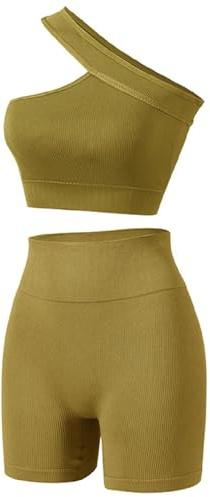 Havejoy Vetement Sport Femme Fitness Ensemble Deux Piece Short et Crop Top Une Epaule Camisole Court Tenue de Yoga Mode Survêtement Ete pour Jogging Gymnastique Training Danse Pilate Workout Tracksuit