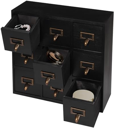 Cajones farmacéuticos armario de madera vintage con 9 cajones para dormitorio, oficina y cocina, cajón para guardar joyas pequeñas y más (negro)