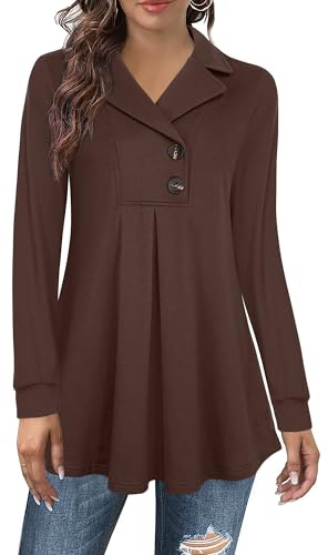 Datuhao Tunique à manches longues pour femme - Élégant - Pull long décontracté - Col à revers - Pull avec boutons, marron, L