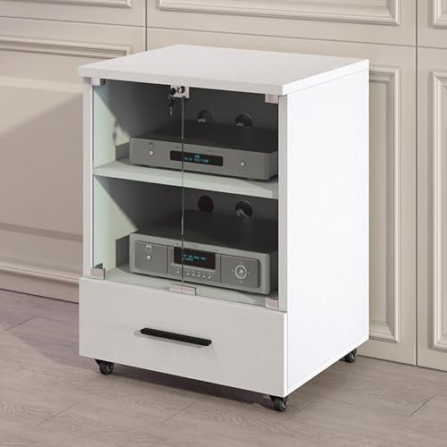 LYXWGRZD 2/3-stufiger Audio Rack HiFi Regal, Phonoschrank mit Schublade, HiFi Rack mit gehärtetem Glas, Record Player Stand, atmungsaktives Lochdesign(Wit,77cm/30.3in)