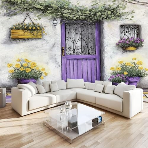 Art Fototapete Malerei Garten Lila Tür Blumen Vlies Tapeten 300x210 cm 3D Effekt Moderne Wandtapete Wohnzimmer Schlafzimmer Wandbilder Wand