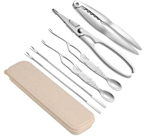 PRETYZOOM Juego de Cubiertos Marisco de 6 Piezas con Herramientas de Acero Inoxidable y Mango Ergonómico para Pelar Cangrejos y Mariscos con Estuche Incluido