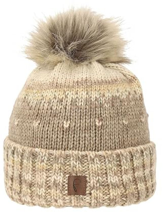 Faera Warme Damen Bommelmütze mit Kunstfell-Bommel und Thermo-Fleece Futter, Farben:Beige, Größe:One Size