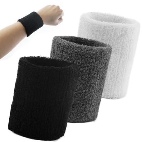 Lot de 6 bracelets de sport en coton pour homme et femme Idéal pour le tennis, le basketball, la course, la gym, noir, blanc et gris