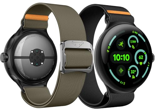 Kamita [2-pack nylonrem kompatibel med Google Pixel Watch 3 45 mm remmar, sport Trail Loop klockarmband för kvinnor och män, justerbart flätat elastiskt ersättningsband för Pixel Watch 3 (svart +