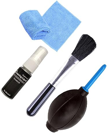 Computer Cleaning Tools 4Pcs Plastic Set for Electronics Screen Care | Air Blowing Brush, 20ml Fluid, Cloth Included, Black Finish, for Monitors and Phone Buttons