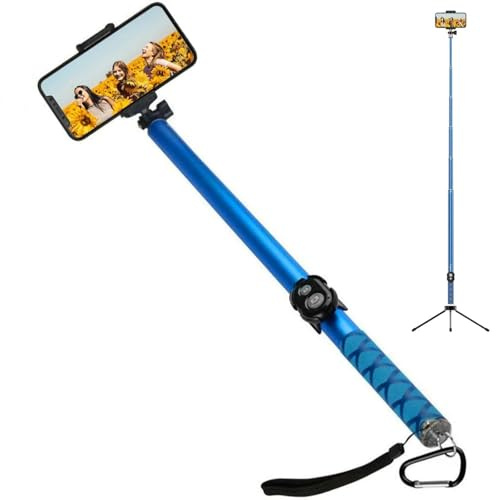 Palo selfie extralargo, 3 metros (118 pulgadas) de largo, plegable, con obturador remoto inalámbrico Bluetooth, soporte ajustable para todos los teléfonos inteligentes. (azul)