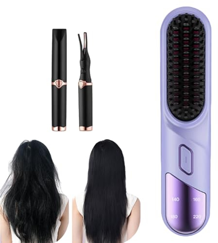 Brosse Lissante Sans Fil,Lisseur à cheveux sans fil,batterie lisseur et boucleur 2 en 1,Portable pour Voyage/Domicile Mini Lisseur Cheveux Femmes Coiffante Chauffant Peigne à Cheveux Barbe HommeViolet