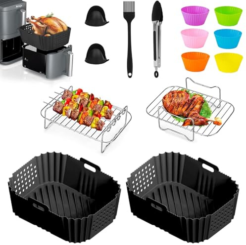 Air Fryer Accessories Set, 15Pcs for Ninja Dual Air Fryer SL400UK AF300UK AF400UK AF451UK Tower T17088, Silicone Air Fryer Liners,Paper Liners,Racks,skewers,Muffin Cups and Gloves (Black)
