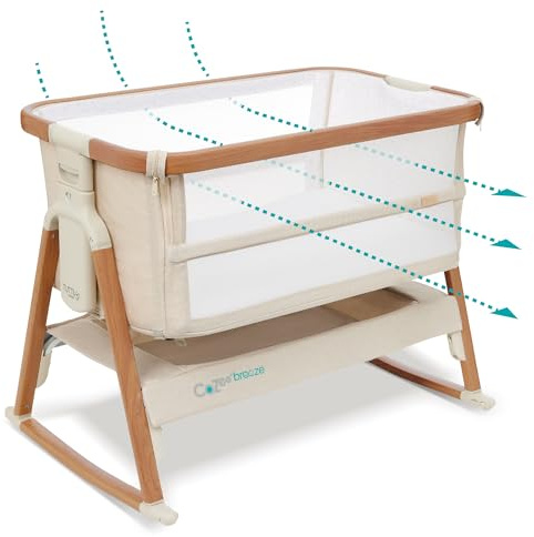 Tutti Bambini CoZee® Breeze PLUS - Extra Breathable Next To Me Crib & Standalone Baby Cot with Larger Mesh Side Windows, Easy Fold, with Mattress (0-6 months) - Walnut/Ecru