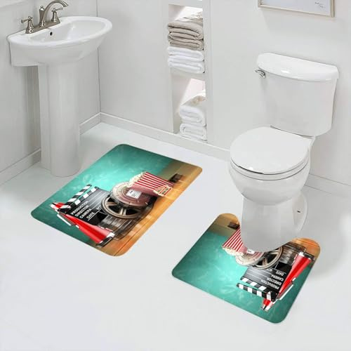 QRFASFZO Badezimmerteppich - Kit 2 Teile,Kino, Produktionsthema Film 3D-Rollen Filmklappe Tickets Popcorn und Megaphon,absorbierbares waschbares Badezimmerteppich für Badewannen,Toiletten und Böden