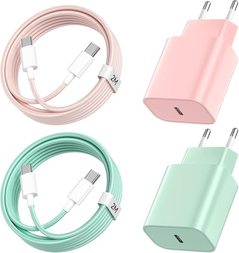 2Pack Chargeur iPhone Charge Rapide, 20W Chargeur USB C Charge Rapide Type C Prise avec 2M Câble USB C pour iPhone 16 Pro/16 Pro Max/16 Plus/15 Pro/15 Pro Max/15 Plus - Rose+Vert