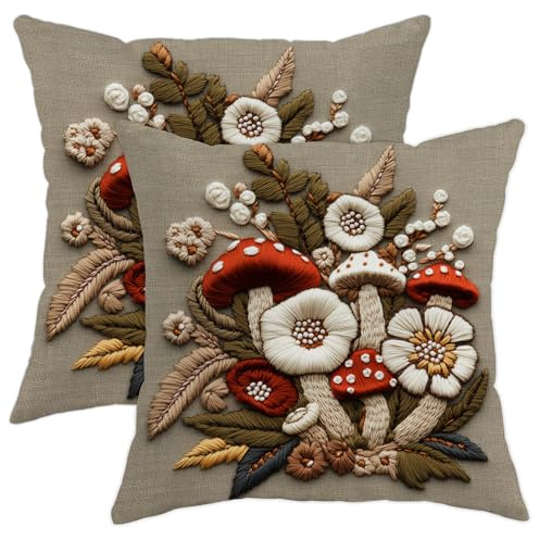 Lot de 2 housses de coussin brodées en forme de champignon beige à motif floral pour décoration d'automne, style cottage rustique et confortable pour canapé, lit, 40,6 x 40,6 cm