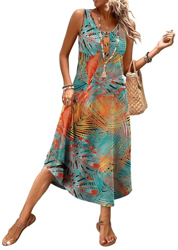 WIHOLL Summer Dresses for Women 2026 Sleeveless Flowy Hawaiian Dresses Beach Vacation Clothes for Women Sundresses Spring Casual Dress Floral Cruise Maxi Midi Sun Dress Tropical L