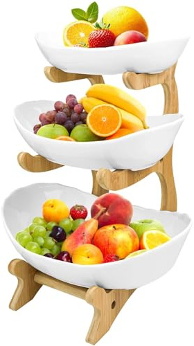 Brysalis Obst Etagere 3 Etagen, Obstschale Modern mit Bambusständer, Gestufter Obstkorb, Keramik-Obstschale, Mehrstufige Obstkorb mit Ständer für Gemüse, Obst, Snacks, Nüsse, Süßigkeiten(Weiß)