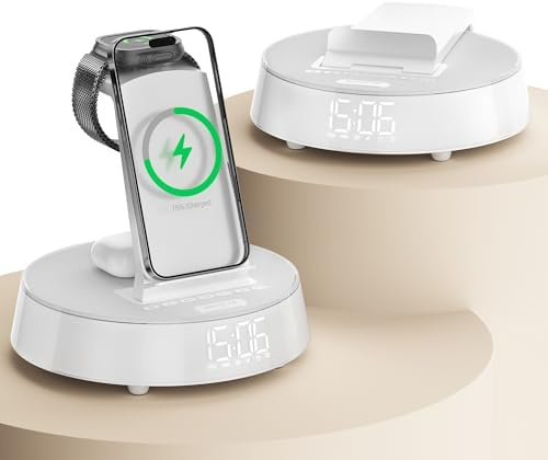 Sveglie per camere da letto con stazione di ricarica wireless, stazione di ricarica per iPhone con altoparlante Bluetooth dimmerabile, caricabatterie wireless per iPhone 17 16 15 14 13 12 Pro Max