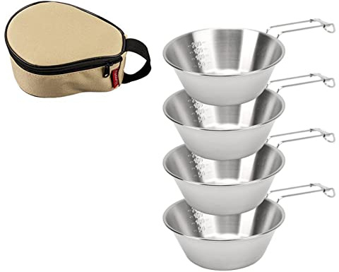 Bols de Camping en Acier Inoxydable 300 ML Poignée Pliable Bols légers et durables Portables pour Camping randonnée Aventure en Plein air 4 pièces avec Sac de Rangement