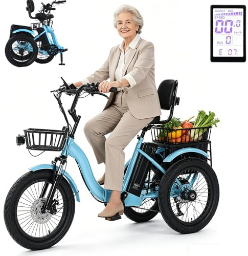 EaThsalL 18 E Bike Dreirad für Erwachsene Elektro Klappbar Zoll Klappbar Dreirad 3 Rad Elektrodreirad mit Gepäckkorb Breitreifen für Erwachsene Zusammenklappbar, Leichter Einstieg 120 kg Tragkraft A