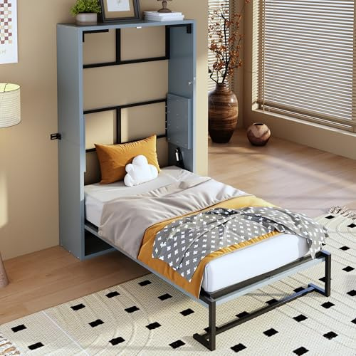 Moimhear Murphy, cama plegable de pared con estructura de metal, combinación de marco metálico y tablero de madera, con fijación a pared con bloqueo (gris + negro, 90 x 200 cm)