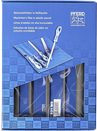 PFERD TOOLS Werkstattfeilen-Set in PVC-Rolltasche mit Umkarton, 5 Feilen, Kreuzhieb H1, 200mm, 11801531 - für die grobe Zerspanung und zum Schruppen geeignet