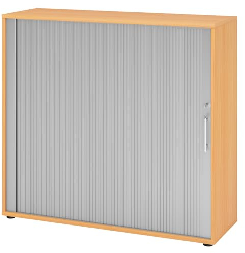 bümö Aktenschrank abschließbar mit Rollladen, Rollladenschrank für Ordner & Co. - Büroschrank mit Rollo, abschließbarer Ordnerschrank aus Holz in Buche/Silber mit Relinggriff
