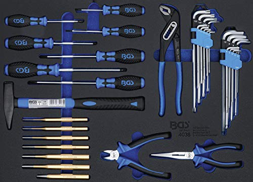 BGS 4038 | Werkstattwageneinlage 3/3 | Handwerkzeug-Satz | 36-tlg. | Schlosserhammer 300 g | Zangen | Schraubendreher | Winkelschlüssel | Splintentreiber | Körner