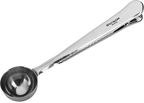 Westmark Kaffee-Dosierlöffel mit Verschlussklemme, Für 6 Gramm Kaffeepulver, Länge: 17,6 cm, Rostfreier Edelstahl, 15382270, Silber