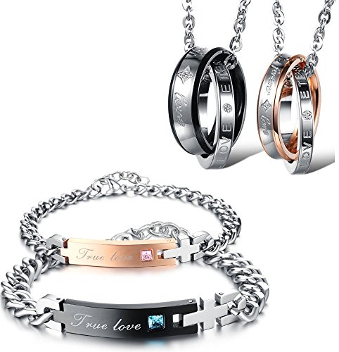 Kim Johanson Edelstahl Pärchen Schmuckset Armbänder & Ketten Feelings für verliebte Roségold & Schwarz mit Cubic Zirkonia inkl. Schmuckbeutel