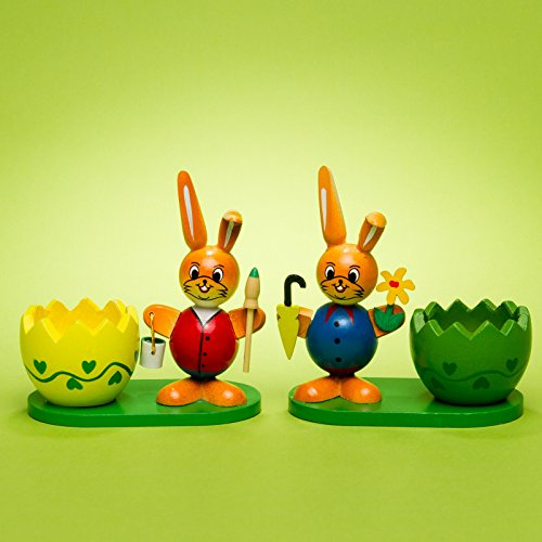 SIKORA OD08 Osterdeko Eierbecher aus Holz im 2er Set | handbemalte & dekorative Osterhasen Deko Figuren | Hochwertige Tischdeko für das Osterfrühstück, Farbe | Modell:A2 2er Set rot | blau