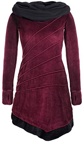 Vishes - Alternative Bekleidung - Asymmetrisches Patchwork Samtkleid Langarm Großer Schalkragen dunkelrot 38