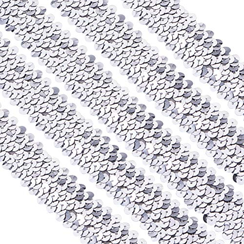 PandaHall Paillettenband Silber Elastische Pailletten flache Glitter Stretch Bling Paillette Stoff Ribbon Applique Trim Spitzenband für Kleid verschönern, Stirnband (ca. 25 mm breit, 10 m lang)