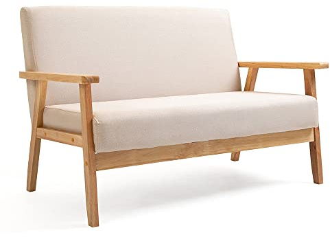 Mingone 2 Sitzer Sofa Gepolsterter Skandinavischer Stil Massivholz Sofa Couch Modern Sessel Holz und Leinenstoff für Wohnzimmer Schlafzimmer Weiß bis 250kg