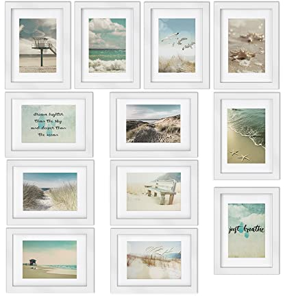 bomoe 12er Bilderrahmen Set Ocean – Fotorahmen Collage für 13x18 cm Bilder Holzbilderrahmen mit Passepartout - Bilder Collage Fotorahmen aus Holz & Kunststoffglas - Fotowand Bilder Set Weiß