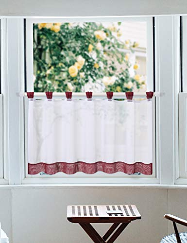 LinTimes Cortina de Disco con bucles shorttore Voile Bistro Cortina Cortina de Cocina, Rojo Vino Blanco, 45 * 120 cm, 1 Pieza