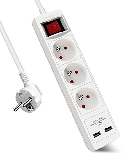 Extrastar Multiprise 3 Prises et 2 Ports USB Chargeur,Bloc Multiprises avec Interrupteur, Rallonge 1.5m 230 V avec sécurité Enfant pour Maison, Bureau, Blanc