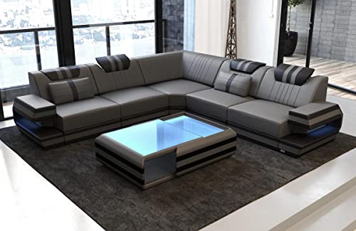Ecksofa Ragusa Ledersofa L Form Sofa - mit LED Beleuchtung, verstellbare Kopfstützen/Lederfarben wählbar (Grau-Schwarz)