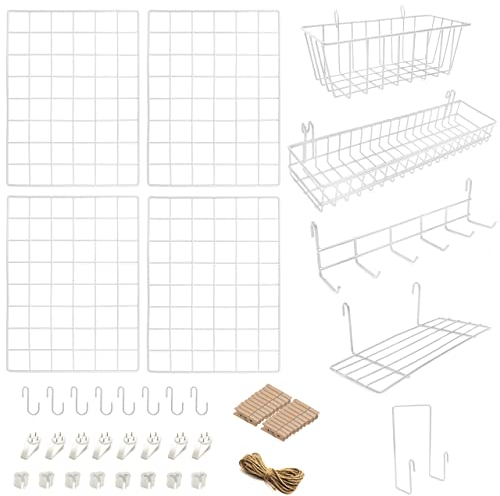 ODOXIA 4er-Pack Wandgitter mit Zubehör | Inklusive Hänge-Körbe, Brief-Sortierer, Hänge-Regal & Haken-Gestell | Gitter Pinnwand | Deko für Heim, Büro & Küche zum Aufhängen | Fotowand | Metall & Weiß