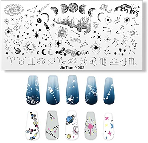 RUNRAYAY Placa de estampado de luna y estrellas, plantillas de estampado de arte de uñas con tema de constelaciones, plantillas de acero inoxidable para herramientas de arte de uñas de la serie Starry