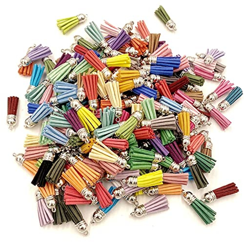 Dtoterul Schlüsselanhänger Mit 100 Stück Mini Quasten - Kunstleder Quaste Mit Silberkappe für Handwerk DIY Lieferungen, Multicolor