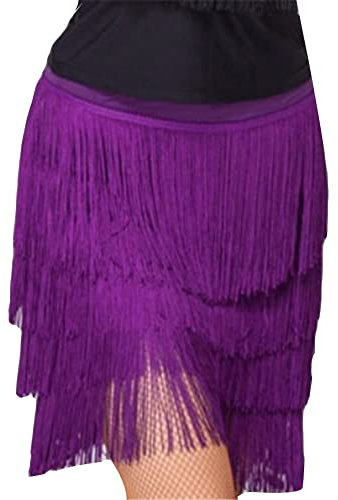 Damen Bauchtanz Kostüm Lateinischer Salsa-Tango-Tanzrock Fransen-Quaste-Rock-Tanz Vierlagige Quaste irregulär Rock Festival Rumba Flamenco-Minirock mit Shorts Violett4PQ