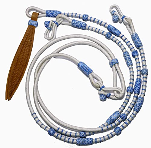 WeavingCraft Weißes Nylonseil mit blauen Knoten, rohes Leder, handgeflochten, Romal-Romel-Zügel, handgefertigt, 2,5 m, 1,5 m