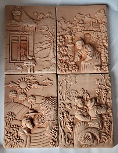 Generico Quattro Stagioni in Terracotta Pannello Muro Decorativo Fatto a Mano in Italia - Altezza 45 cm, Lato 35 cm, Spessore 2,50 cm