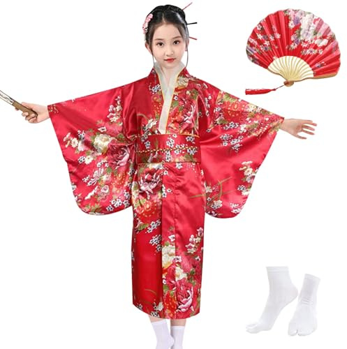 KRUIHAN Kimono pour Filles,Yukata Kimono Robe Japonaise,Robe de Chambre en Satin pour Enfants,Costumes de Cosplay,Robes de Fête pour Filles,avec Éventail Pliant et Chaussettes Tabi,Style B,Rouge,140