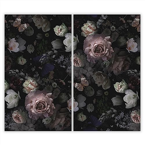 SMTDeco Herdabdeckplatte 2×30×52 cm – ESG gehärtetes Glas, kratzfest & rutschfest – Spritzschutz & Schneidebrett – für Induktion/Ceranfeld – 2-teilig, Motiv Zweiteilig Blumen Schwarz