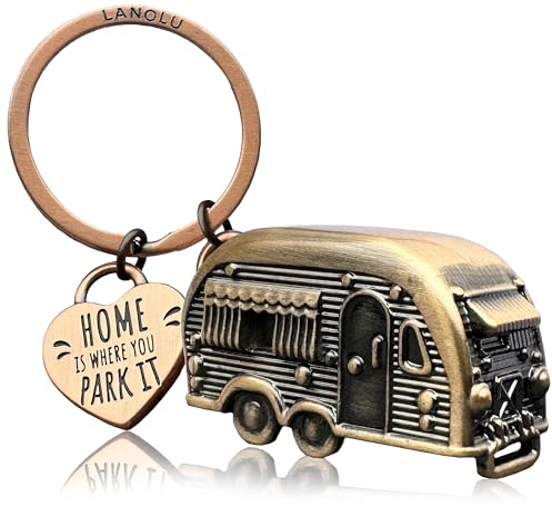 LANOLU Porte-clés de caravane, cadeau de camping-car, cadeau pour le camping et pour les campeurs, pendentif 3D - Accessoire de caravane en métal, Cuivre vintage