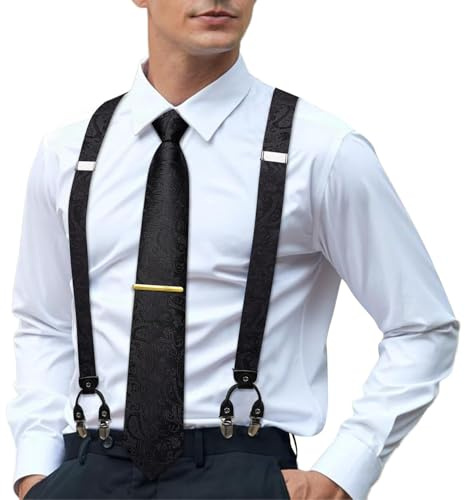 Hi-Tie Silk Black Suspenders for Men Paisley Tie Set Adjustable Elastic Y Braces with Strong 6 Clips Pocket Square Set Wedding Party