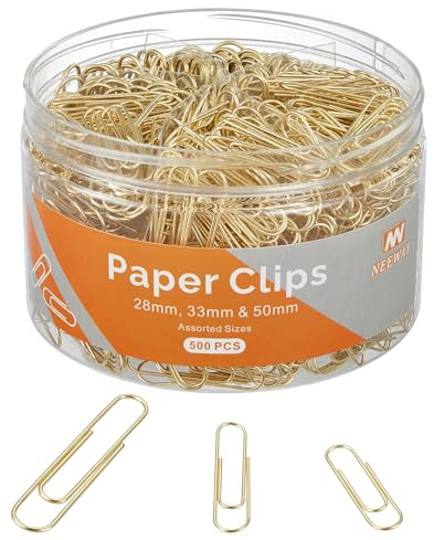 NEEWAY 500pcs Gold Paper Clips Assorted Sizes Small, Medium and Large Paperclips for Paperwork Ideal for Home, School and Office Use