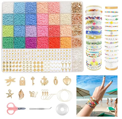 Perlen für Armbänder bunte Perlen zum auffädeln,12000 Stück 3mm Ketten Selber Machen Glasperle Set, Bunte DIY Armband Halsketten Schmuck Beads, Buchstaben Mini Perlen zum Machen Kit für Geburtstage